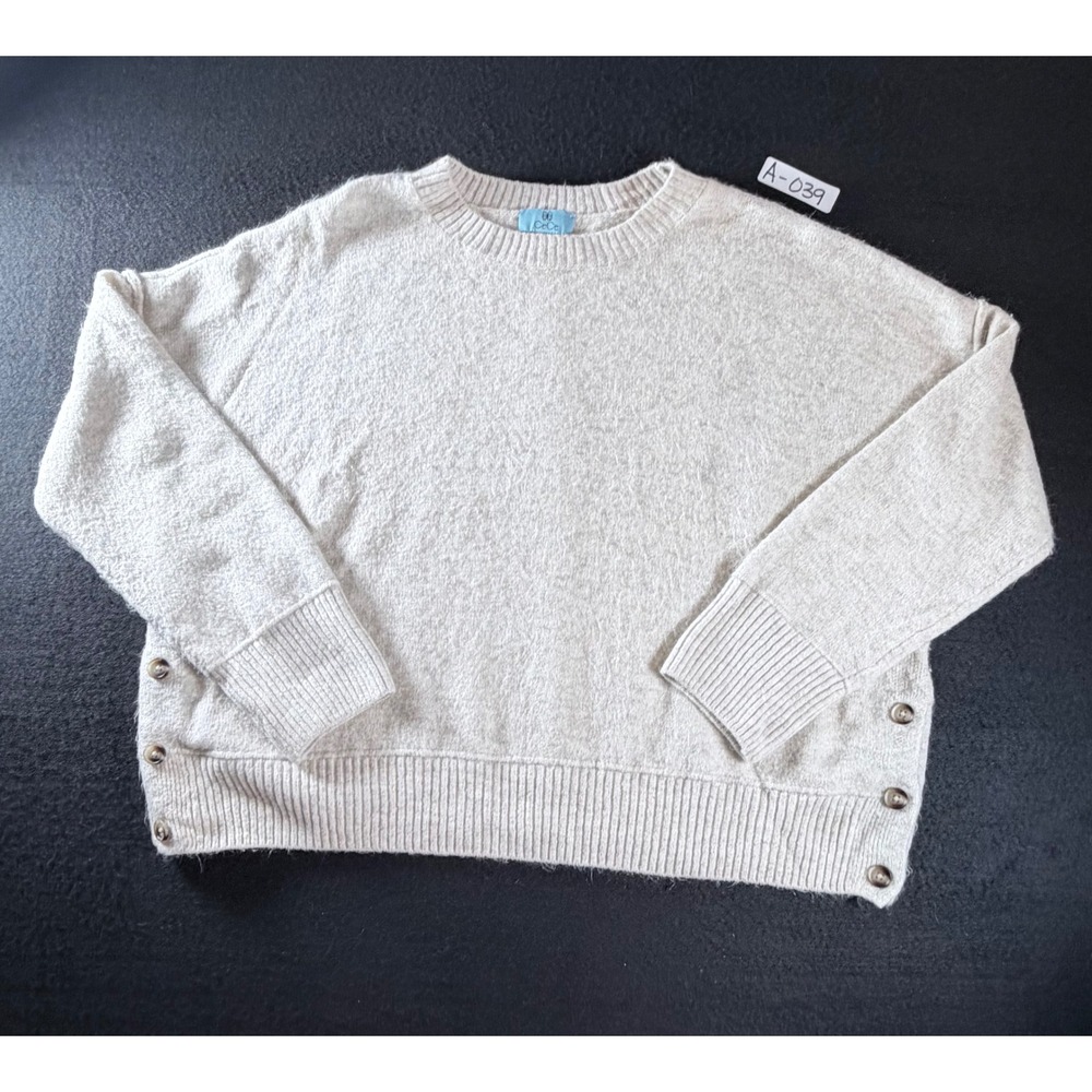 CeCe Women Oatmeal Heather Crewneck Sweater Side Button Detail Size L